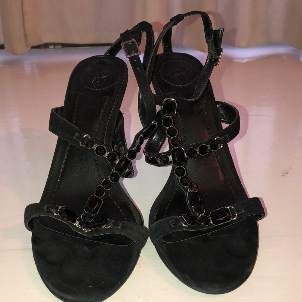 BCBG black leather suede jeweled sandals